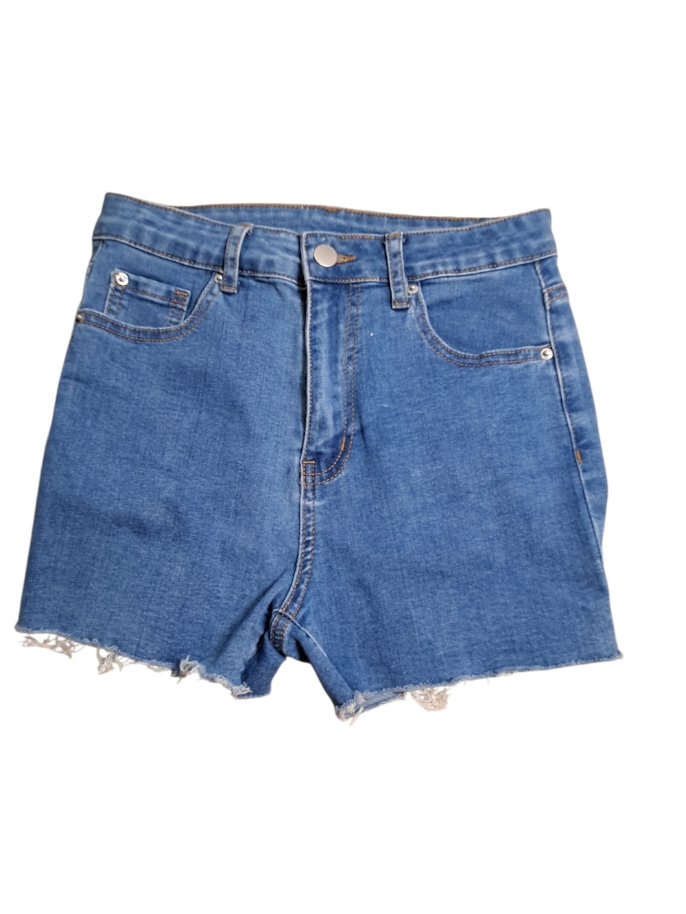 SHEIN Blue High-Rise Frayed-Hem Denim Shorts